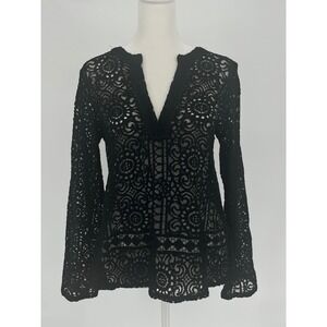 LOFT Black Floral Lace Split V-Neck Blouse Top Petites Small Boho Festival Artsy